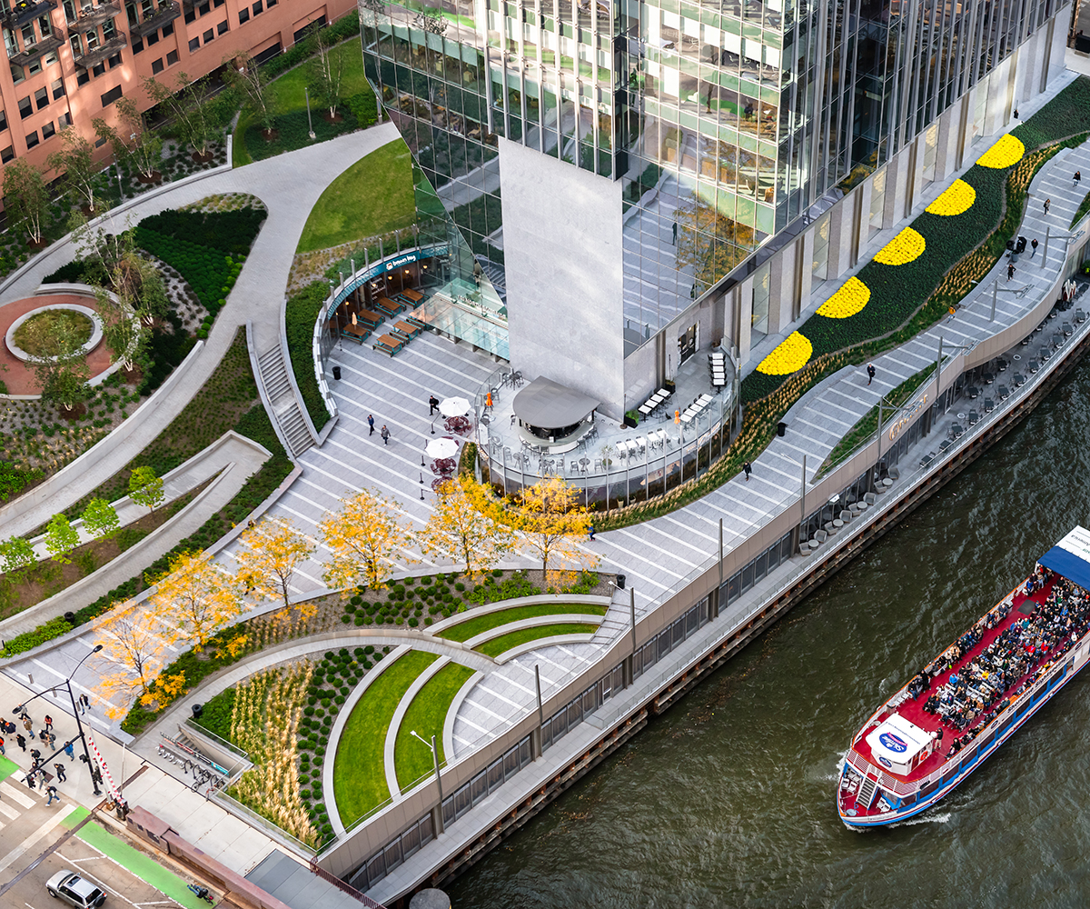 Aerial view of the gardens in front of 150 Riverside office tower