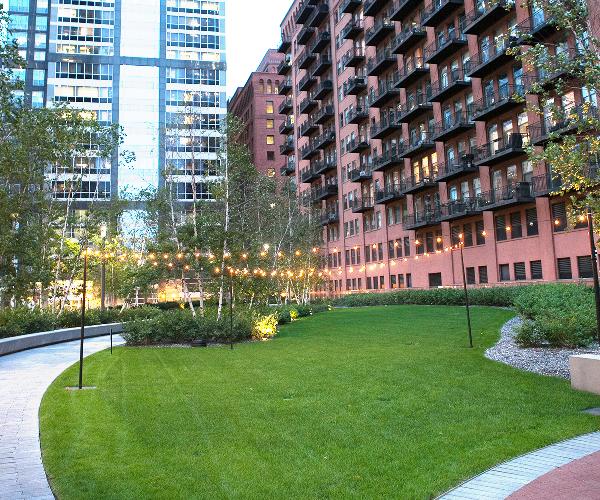 One of the well landscaped courtyards of 150 Riverside office building