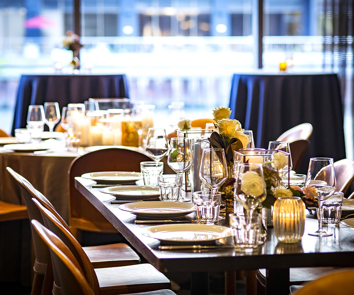 A fancy set table in a restaurant
