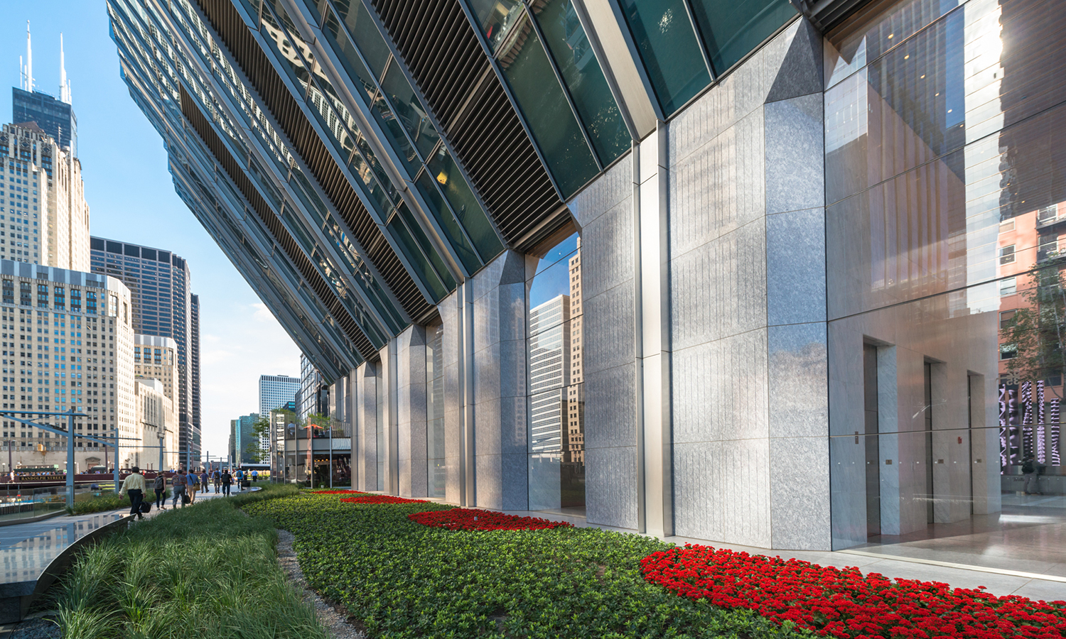 Entry facade and garden of 150 Riverside office tower