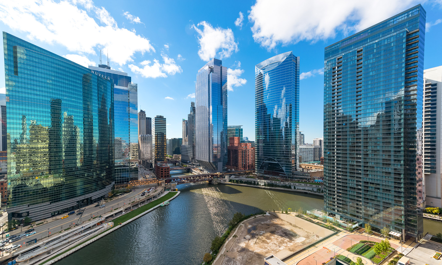 Aerial view from 150 Riverside overlooking downtown Chicago